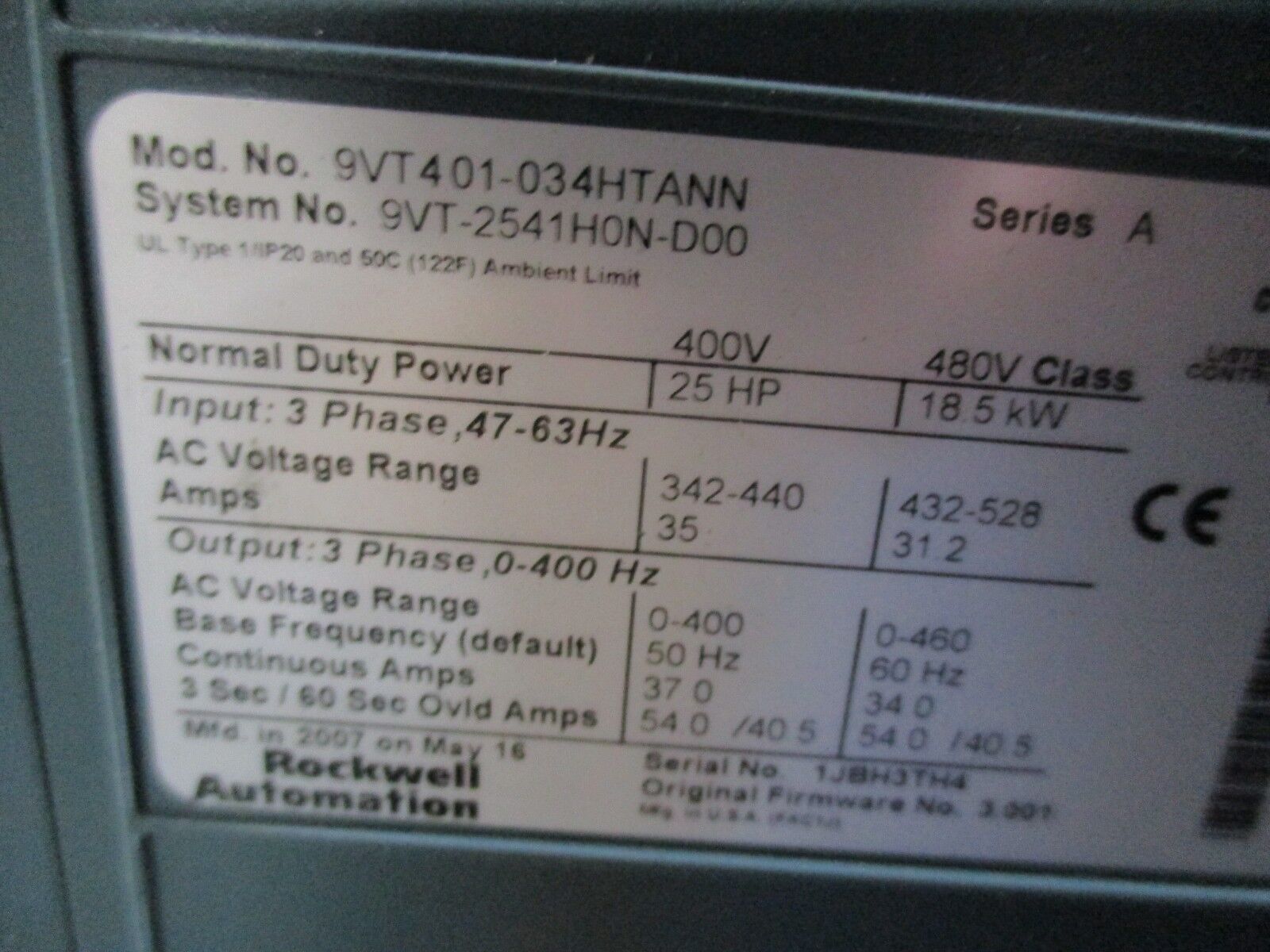 Rockwell Automation VTAC 9 AC Drive w/ Bypass 9VT-2541H0N-D00 25HP 3Ph Used