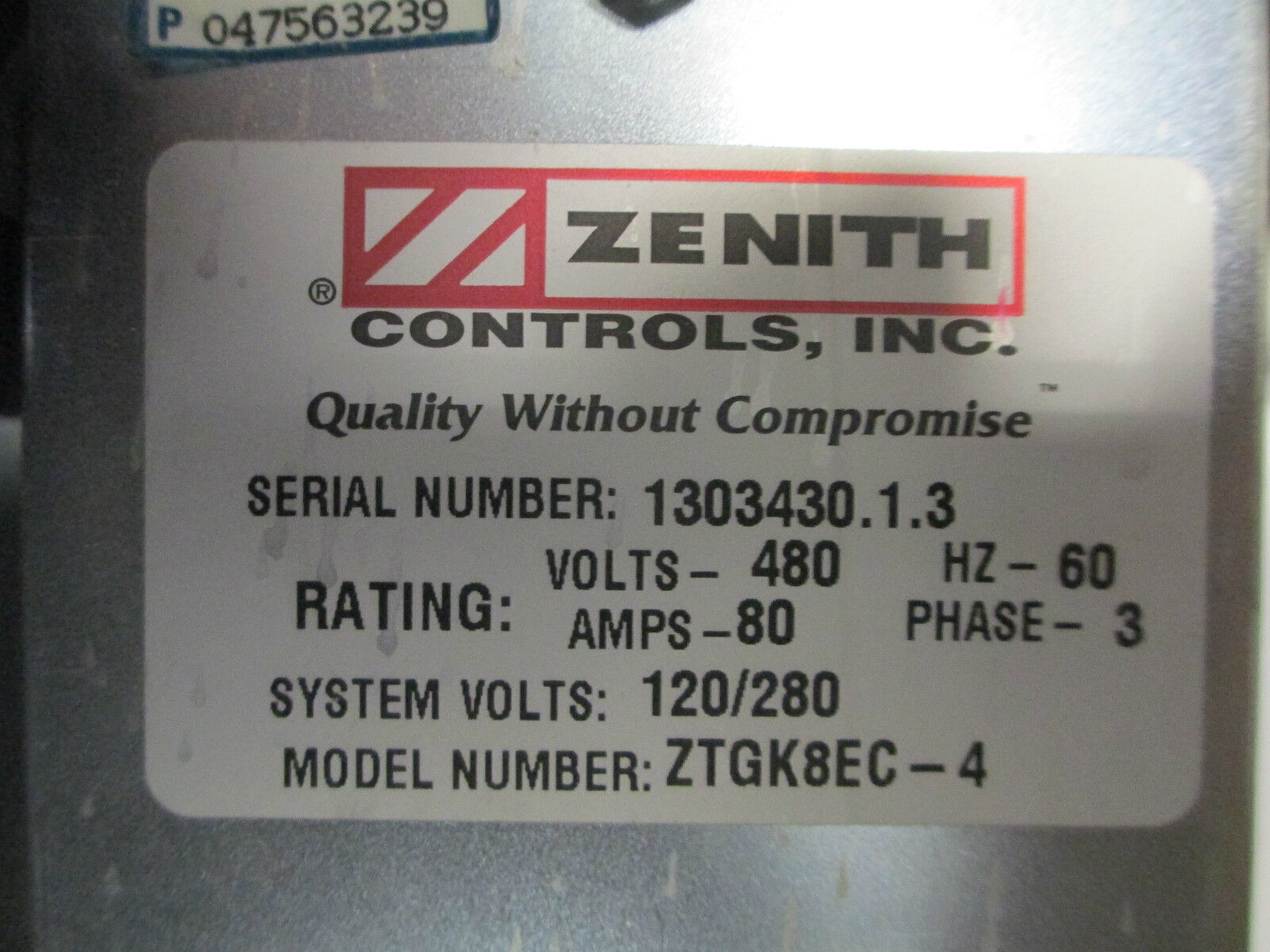 Zenith Transfer Switch ZTGK8EC-4, 80A 480V 3PH, Nema 1 Enclosure w/ Timer Used