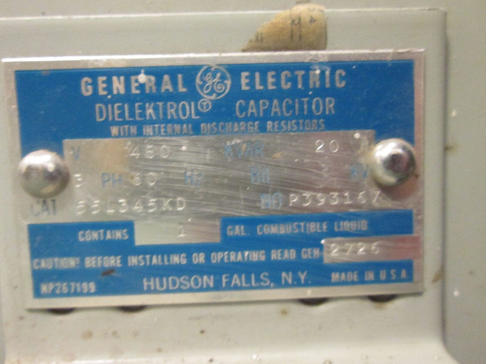 GE Dielektrol Capacitor 55L345KD 20 KVAR 480V 60Hz 3Ph Used