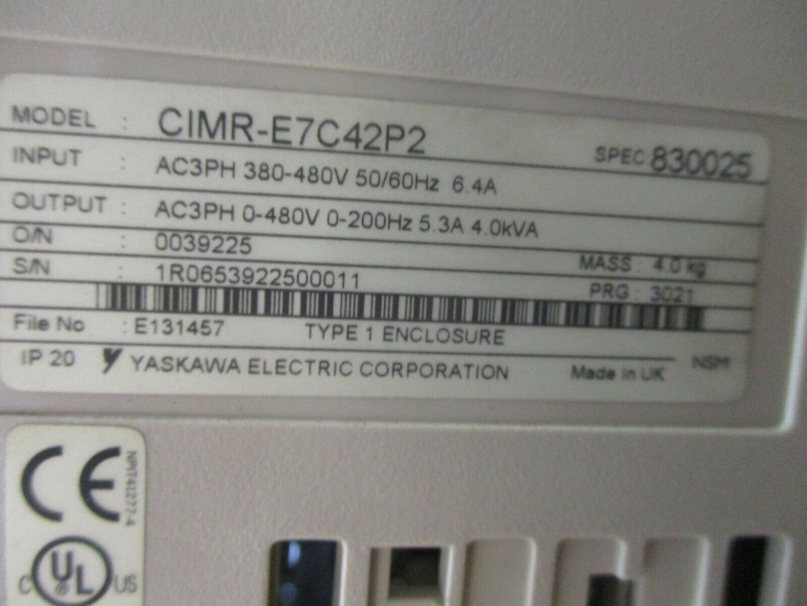 Yaskawa Varispeed E7 AC Drive CIMR-E7C4P2 3HP 3Ph *No Keypad* Used