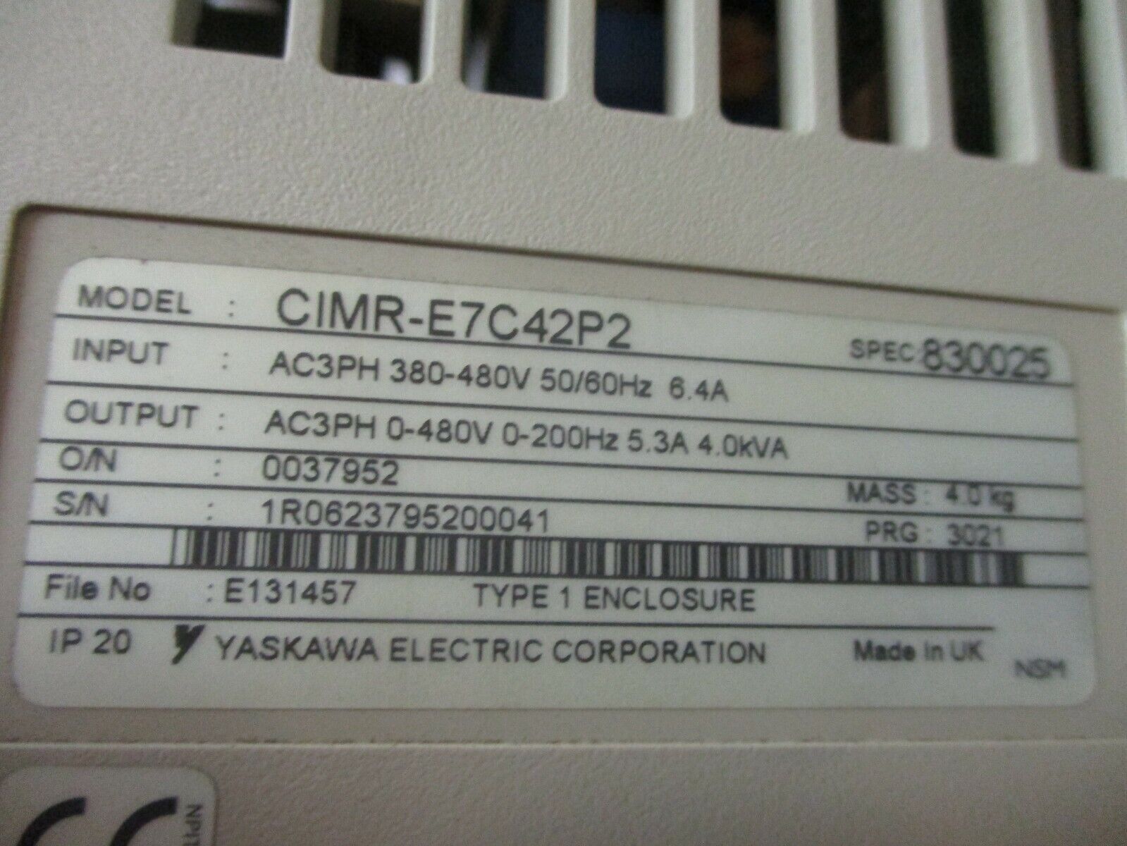 Yaskawa Varispeed E7 AC Drive CIMR-E7C42P2 3HP 3Ph w/ Keypad Used