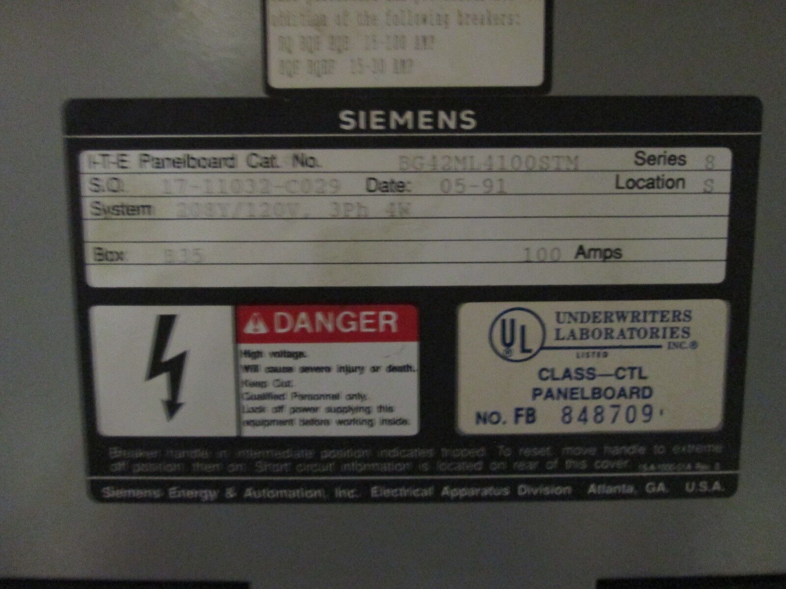 Siemens Main Lug Circuit Breaker Panel BG42ML4100STM 100A Max 208Y/120V 3Ph 4W