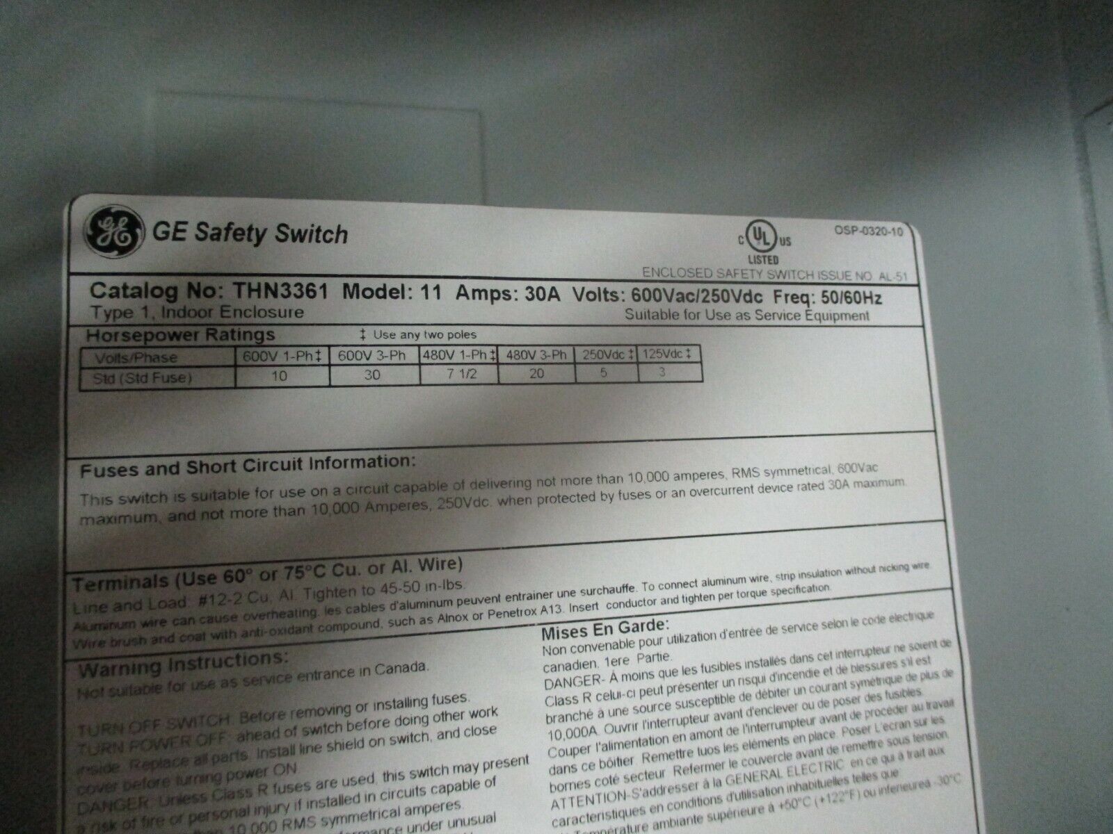 GE Non-Fusible Safety Switch THN3361 Mod 11 30A 600V Used