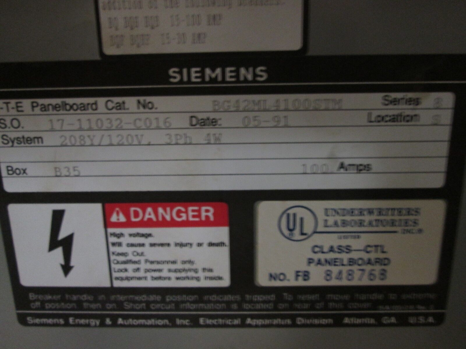 Siemens Main Lug Circuit Breaker Panel BG42ML4100STM 208Y/120V 100A 3Ph 4W Used