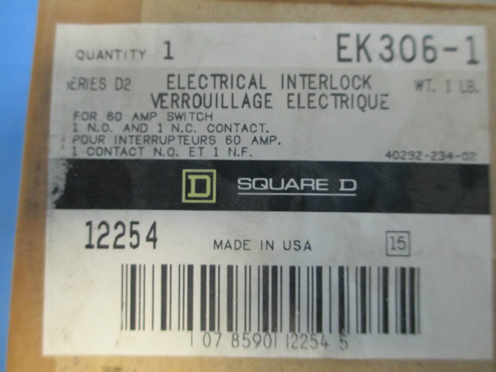 Square D Electrical lnterlock EK306-1, 60A (1)N.O. (1)N.C. New Surplus