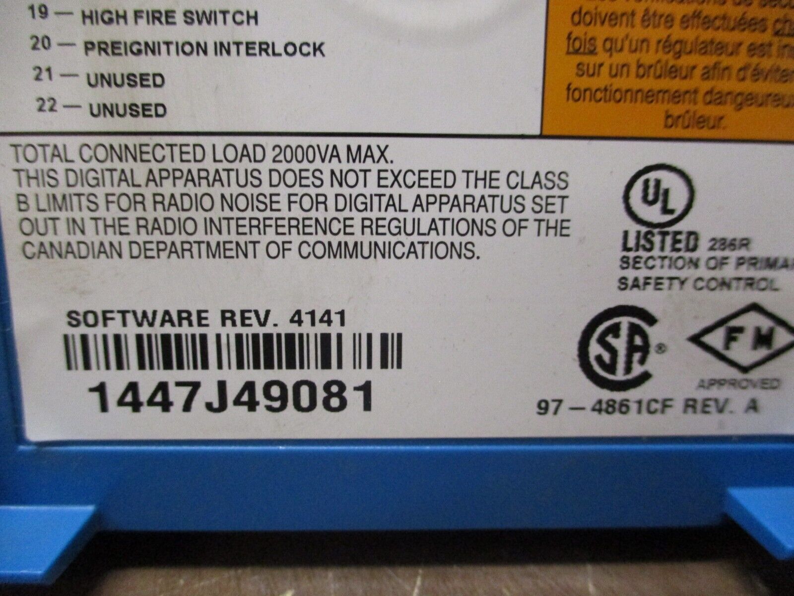 Honeywell Burner Control RM7845 A 1001 S/W Rev. 4141 Used