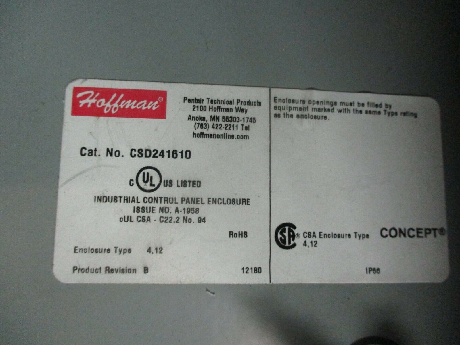 Hoffman Concept Type 4, 12 Enclosure CSD241610 Size: 24x16x10" Used