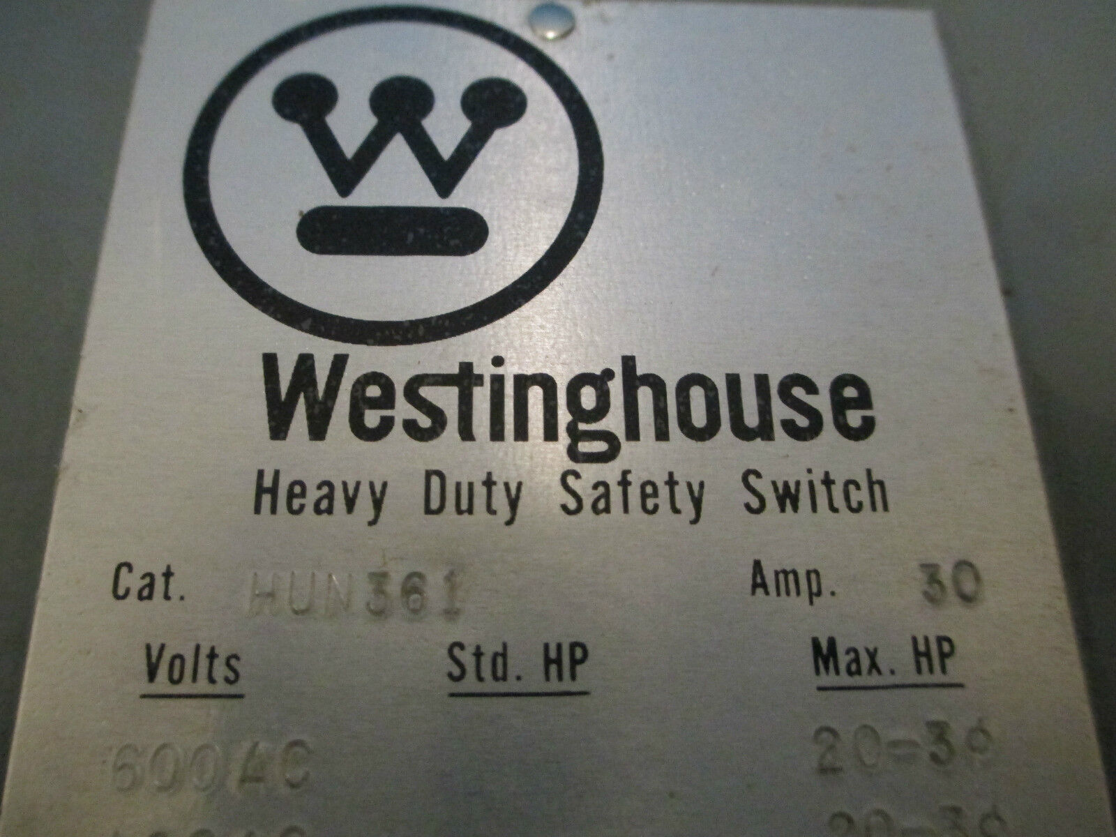 Westinghouse Safety Switch, HUN361, Nonfusible, 30A 600V 3P, New in Box!!!