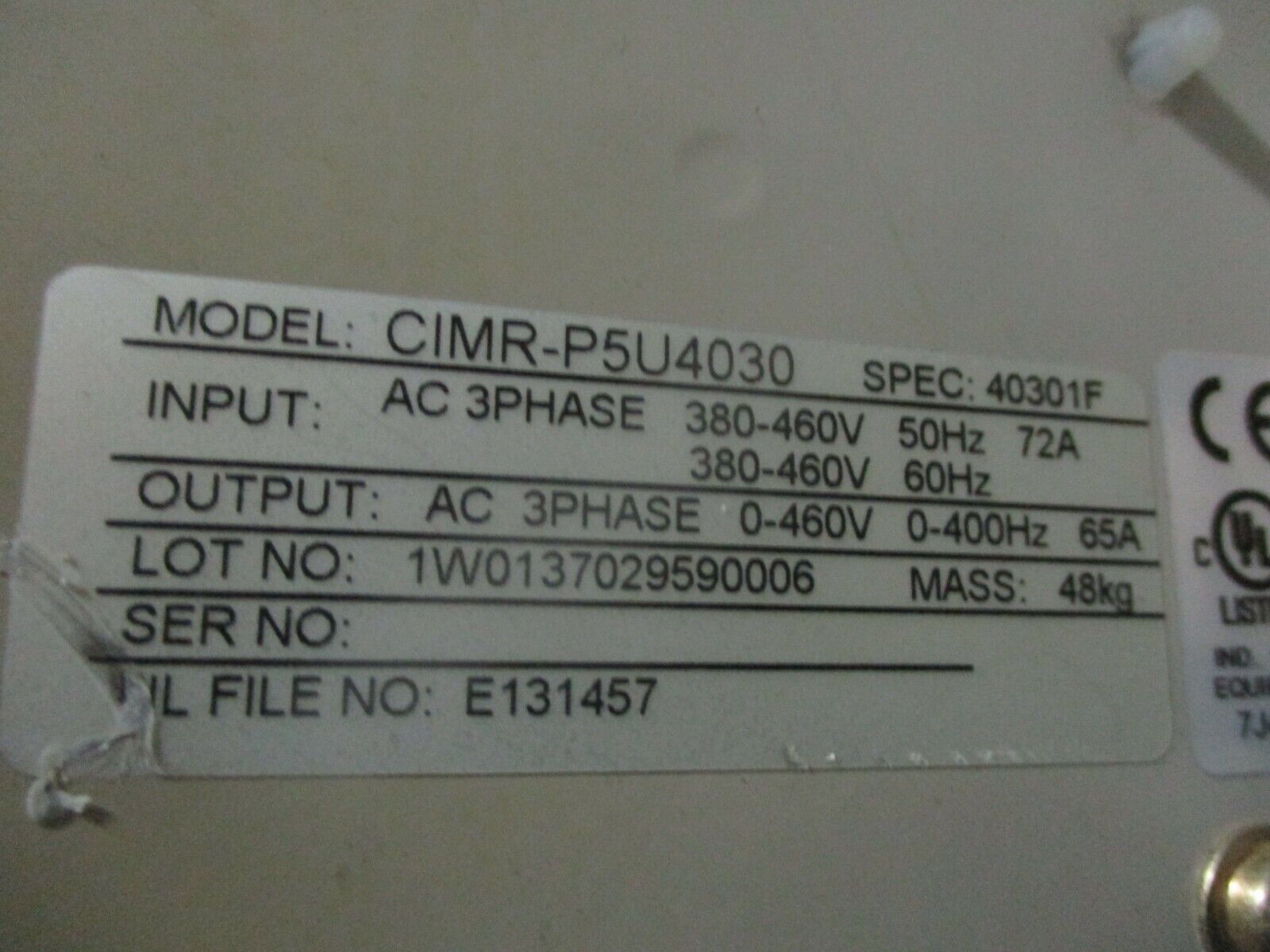 Saftronics FP5 AC Drive CIMR-P5U4030 50HP 3Ph Input: 380-460V Used