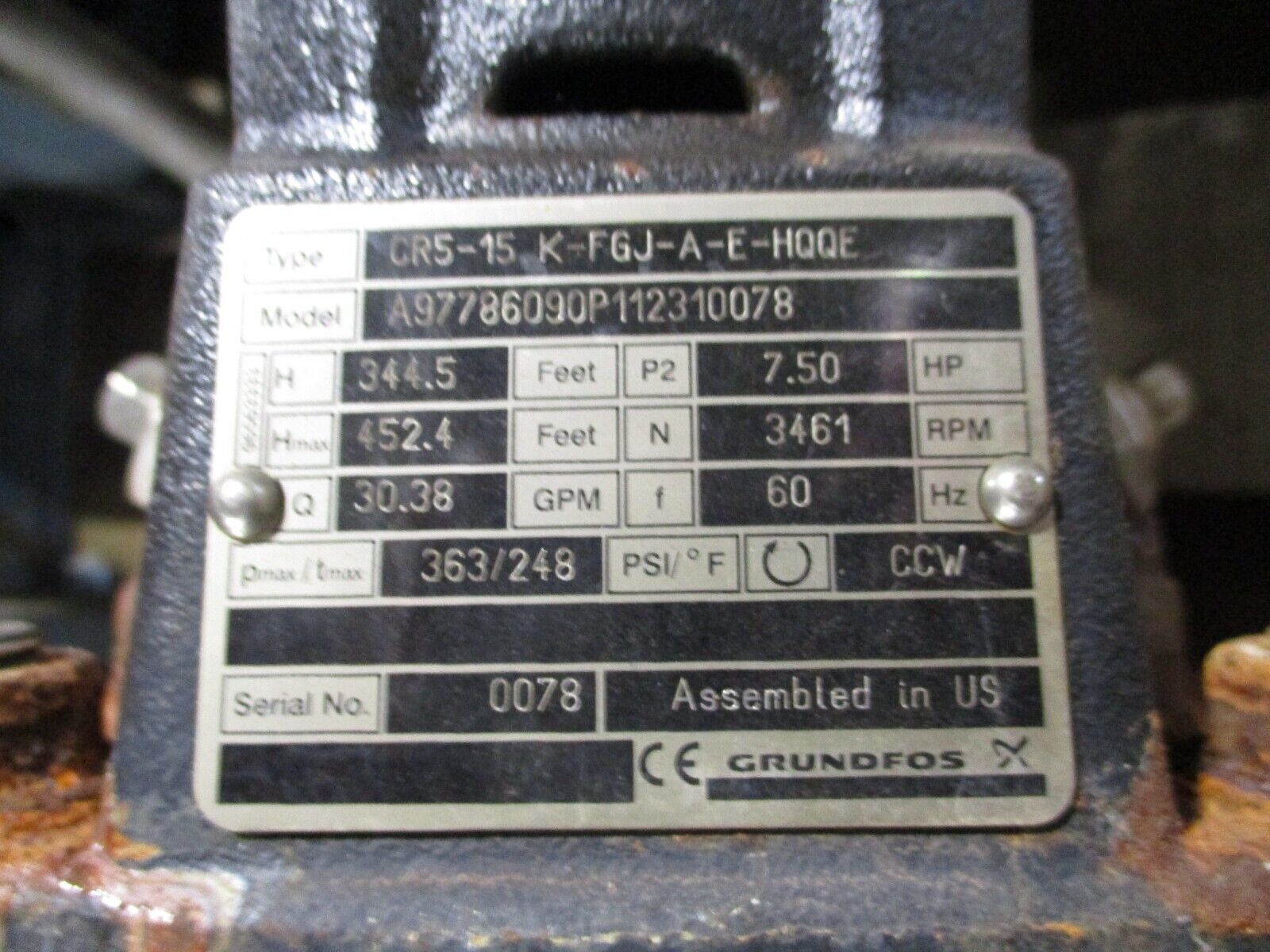 Grundfos CR5-15 K-FGJ-A-E-HQQE Pump A97786090P112310078 7.5HP 3461RPM 30.38GPM