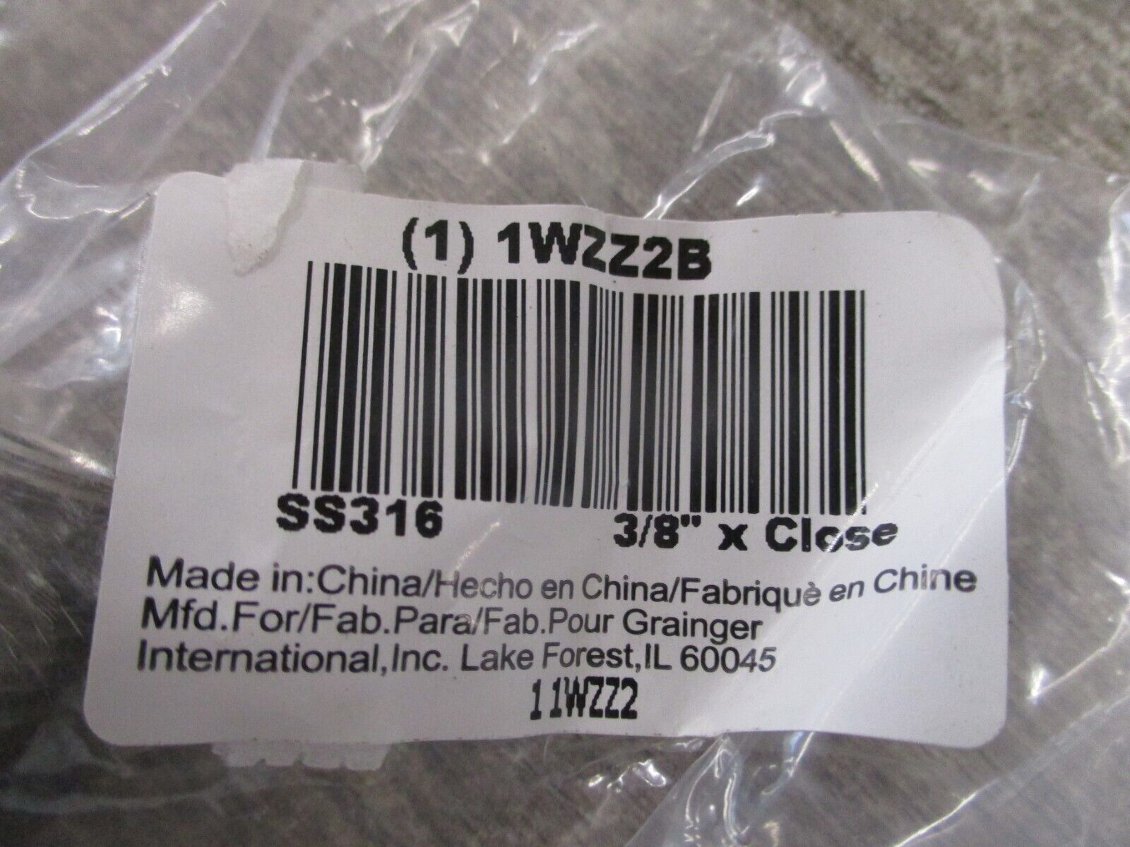Grainger Stainless Steel Nipple 1WZZ2B 3/8"X Close SS316 *Lot of 5* New Surplus