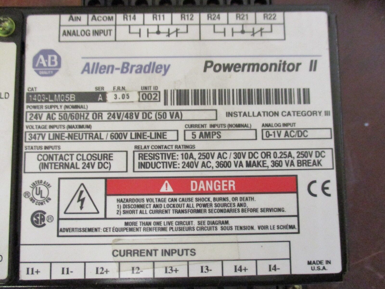 Allen-Bradley Powermonitor II 1403-LM05B Ser. A FRN 3.05 24VAC 50/60Hz 24/48VDC