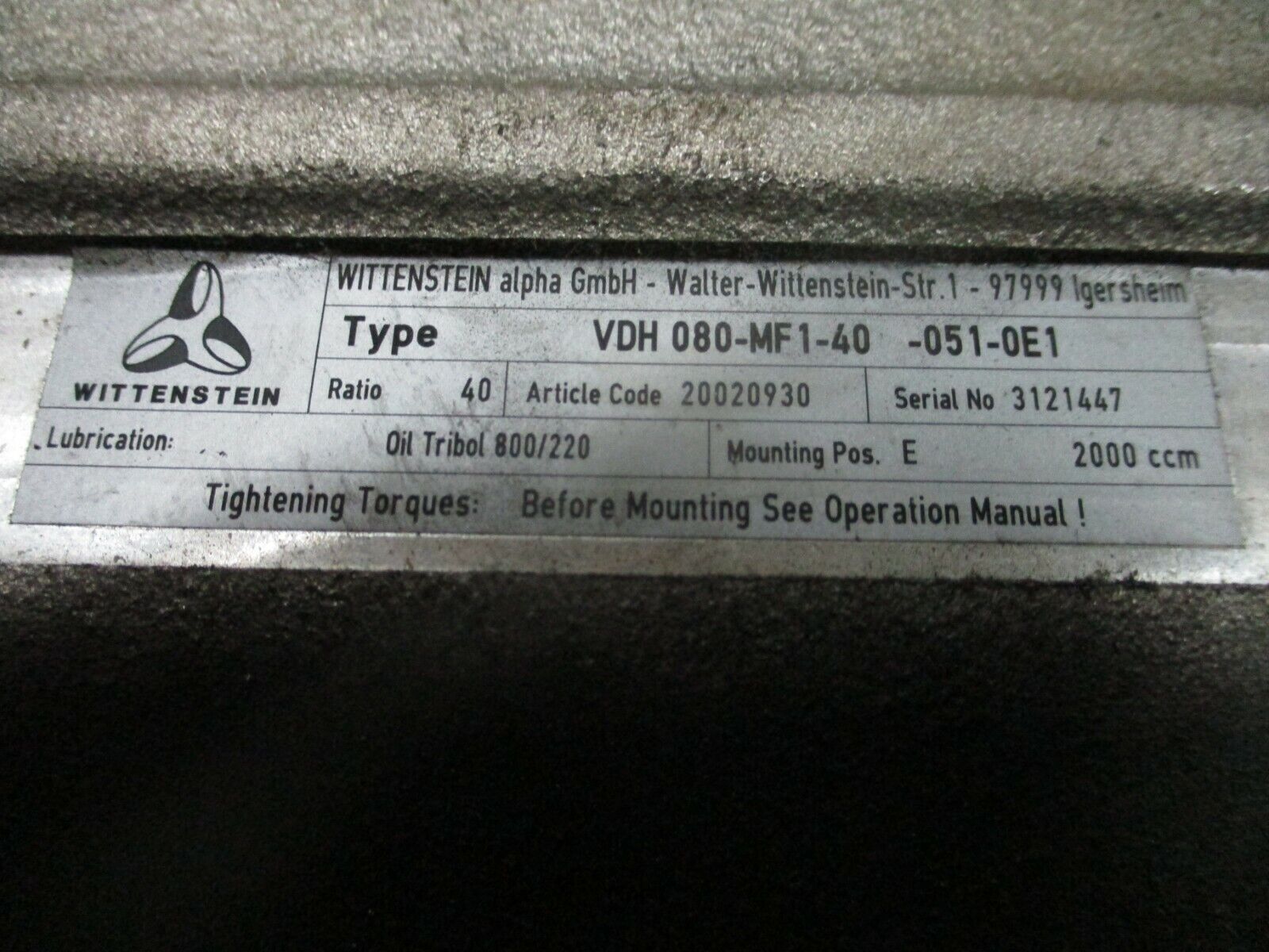 Wittenstein Gear Reducer VDH 080-MF1-40-051-0E1 Ratio: 40 Used