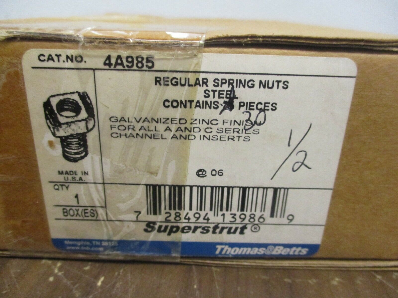Thomas & Betts Superstrut Spring Nut 4A985 Galvanized Steel 1/2" *Box of 30*