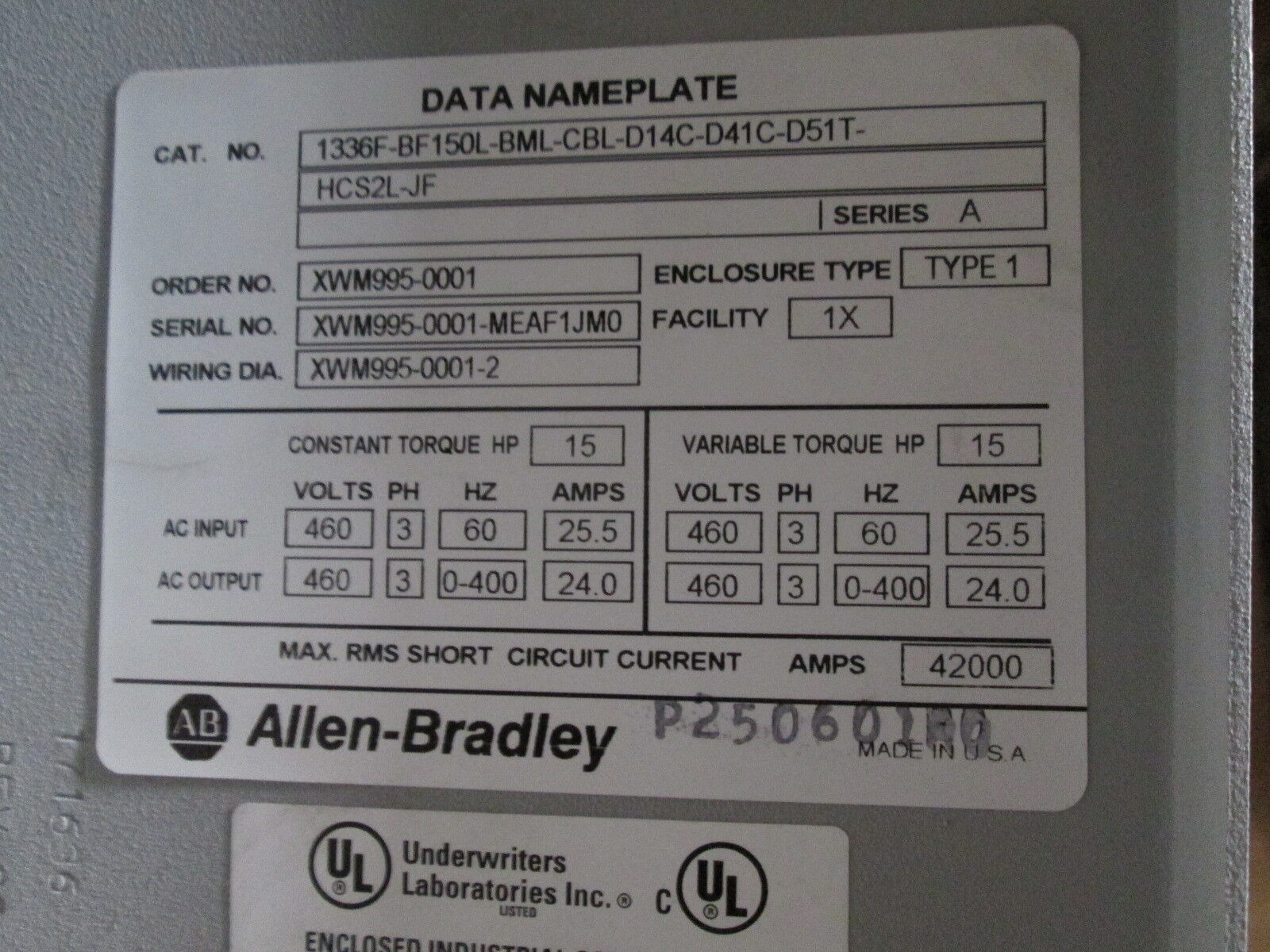 Allen-Bradley 1336 Plus II AC Drive w/ Bypass 15HP Used