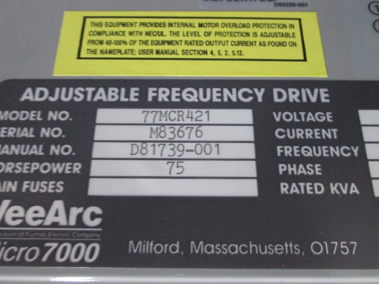 VeeArc Micro7000 AC Drive 77MCR421 75HP *No Cover* Used