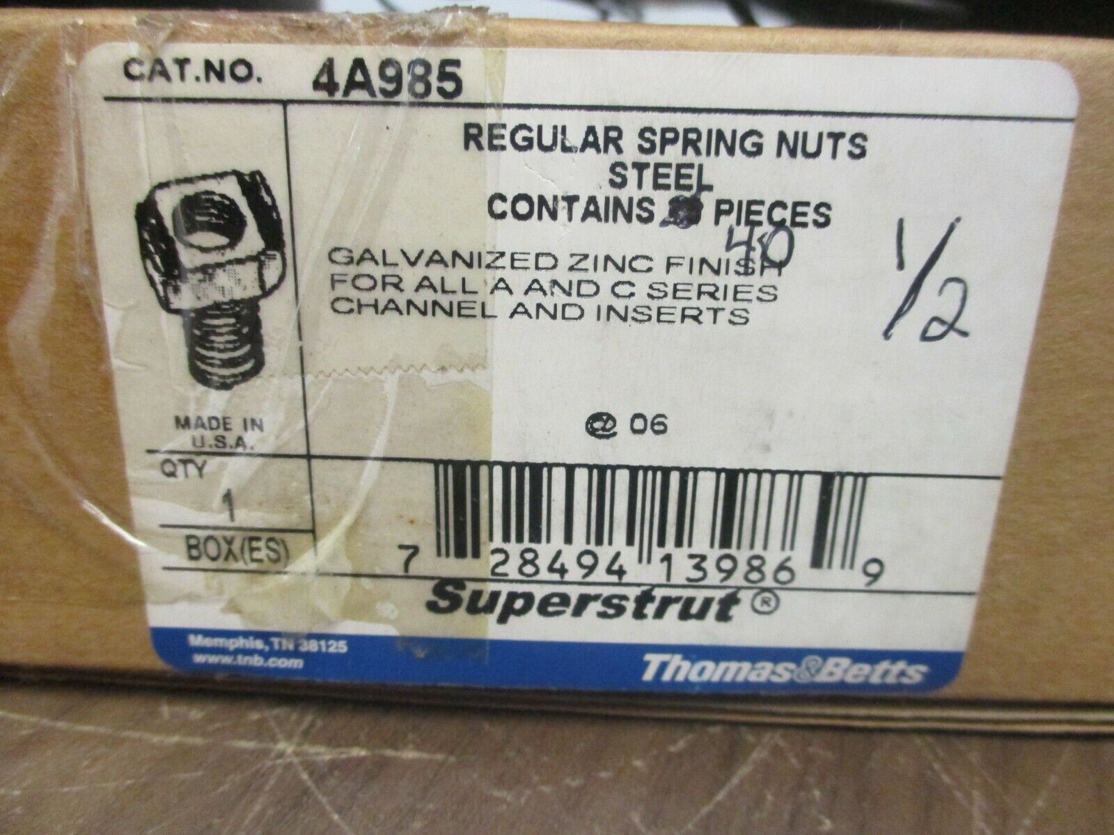 Thomas & Betts Superstrut Spring Nut 4A985 Galvanized Steel 1/2" *Box of 40*