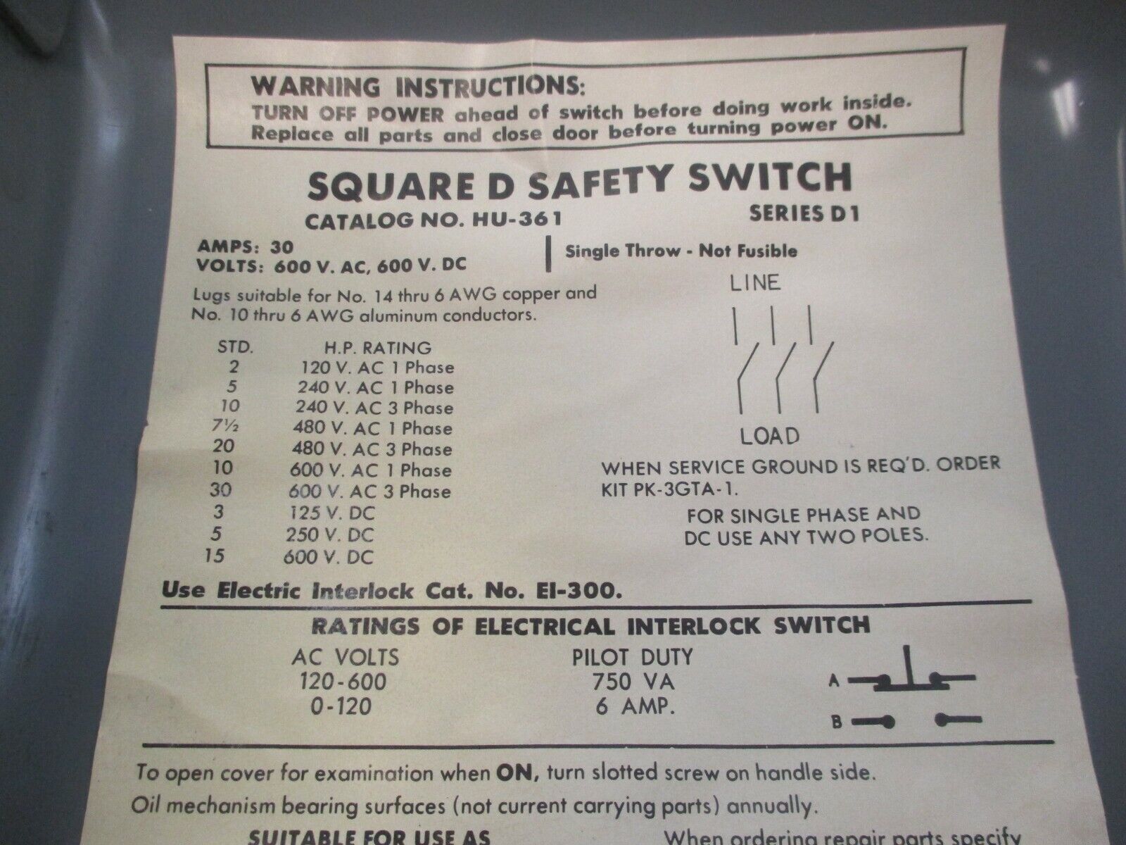 Square D Non-Fusible Safety Switch/Disconnect HU-361 30A 600V Used