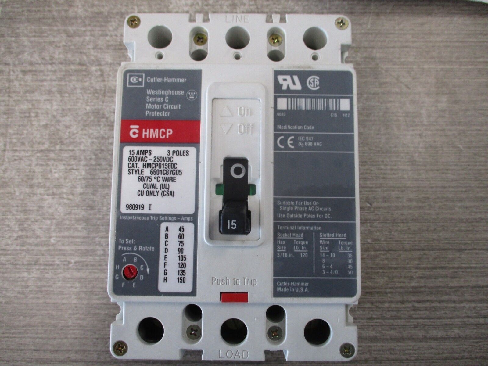 Cutler-Hammer Circuit Breaker HMCP015E0C 15A 600V 3P Used