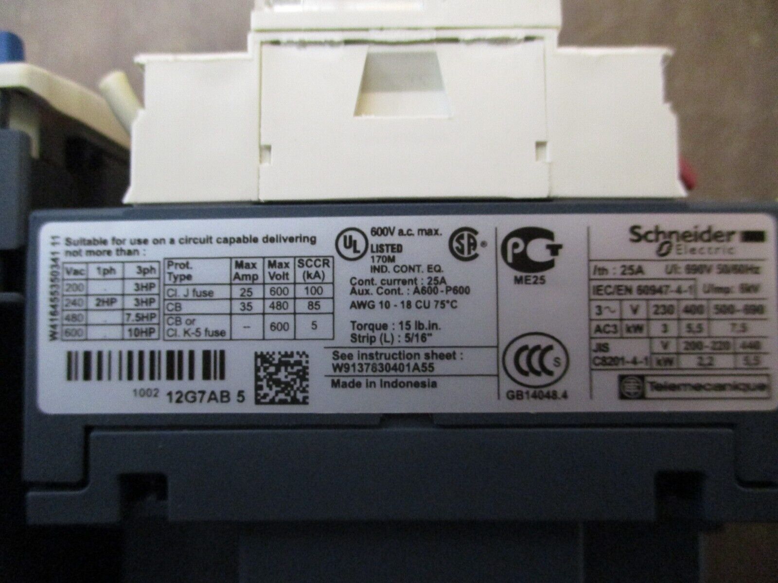 Schneider Electric Starter LC1 D12 / LRD 08 120V Coil 25A 600V Trip:2.5-4A Used