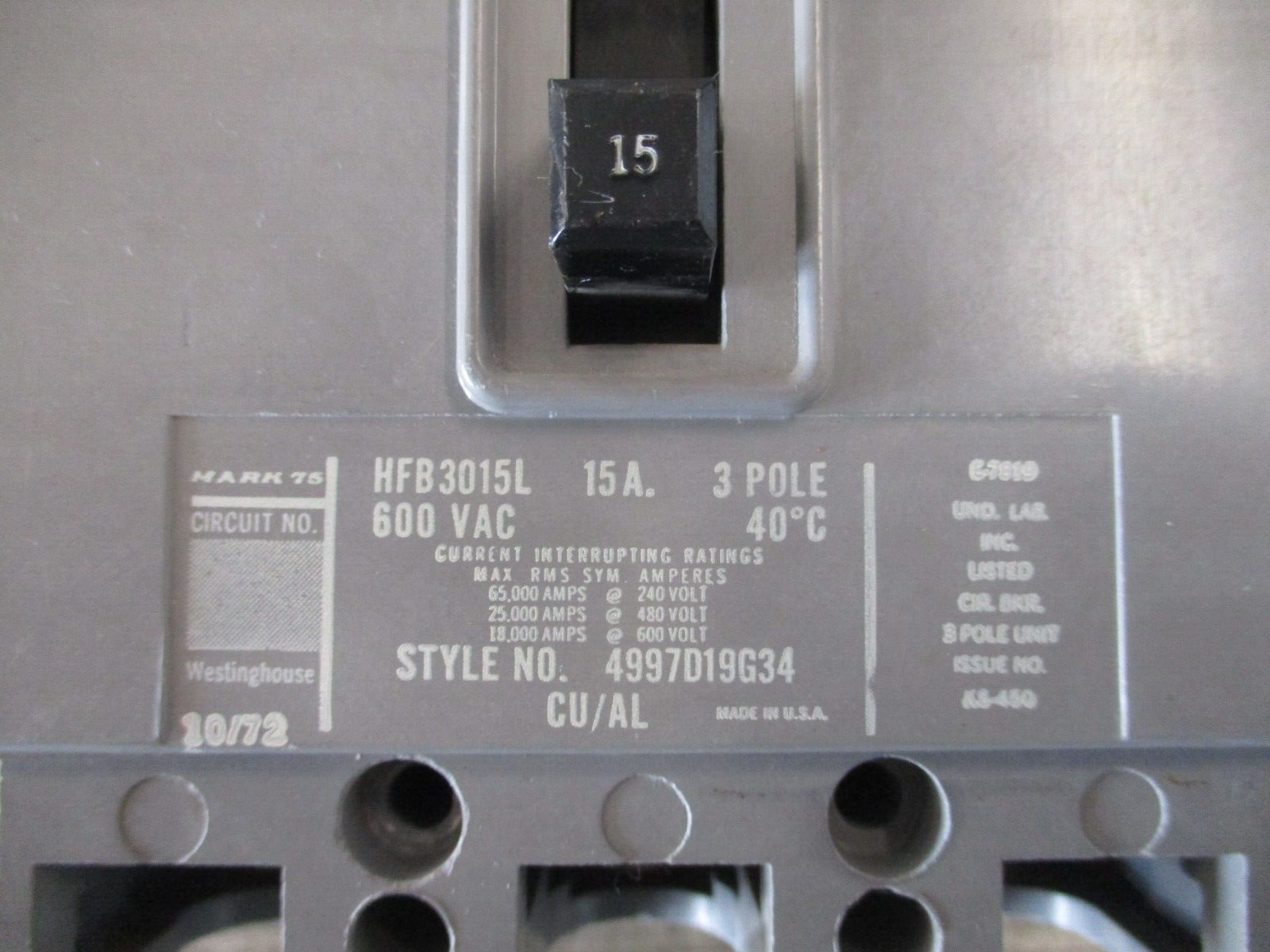 Westinghouse Circuit Breaker HFB3015L 15A 600V 3P Used