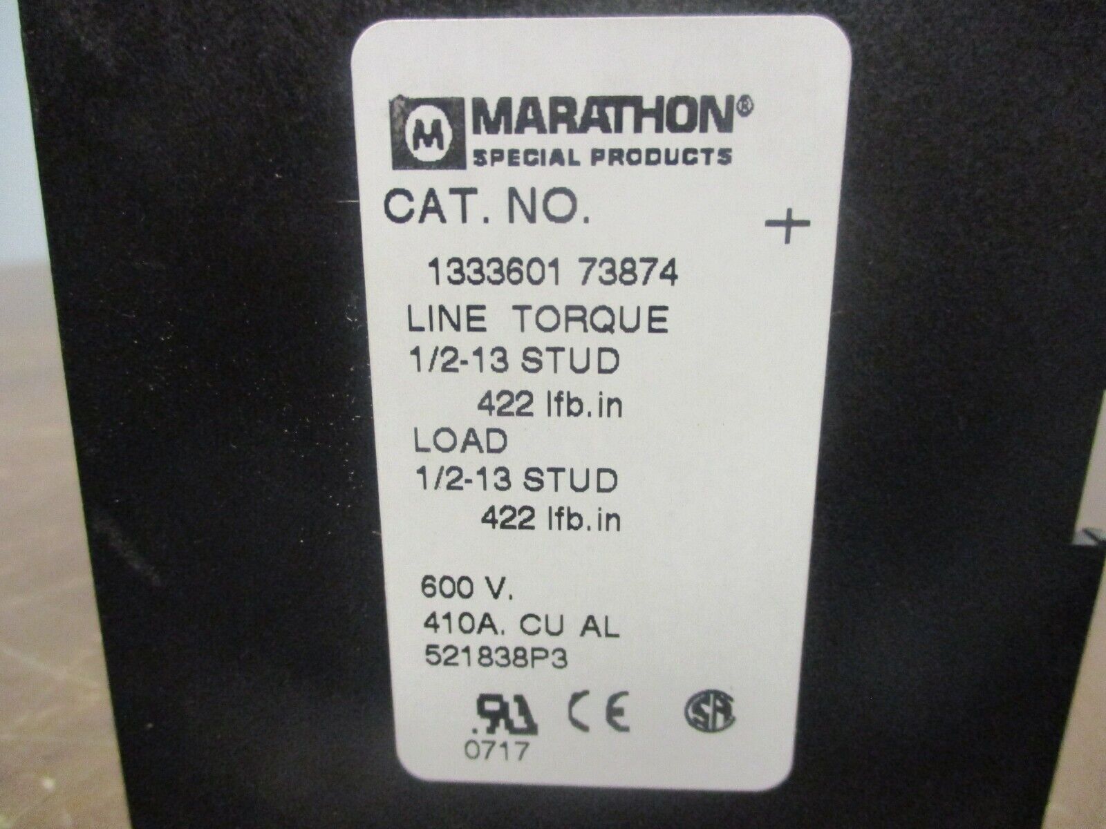 Marathon Power Distribution Block 1333601 73874 410A 600V 3P Used