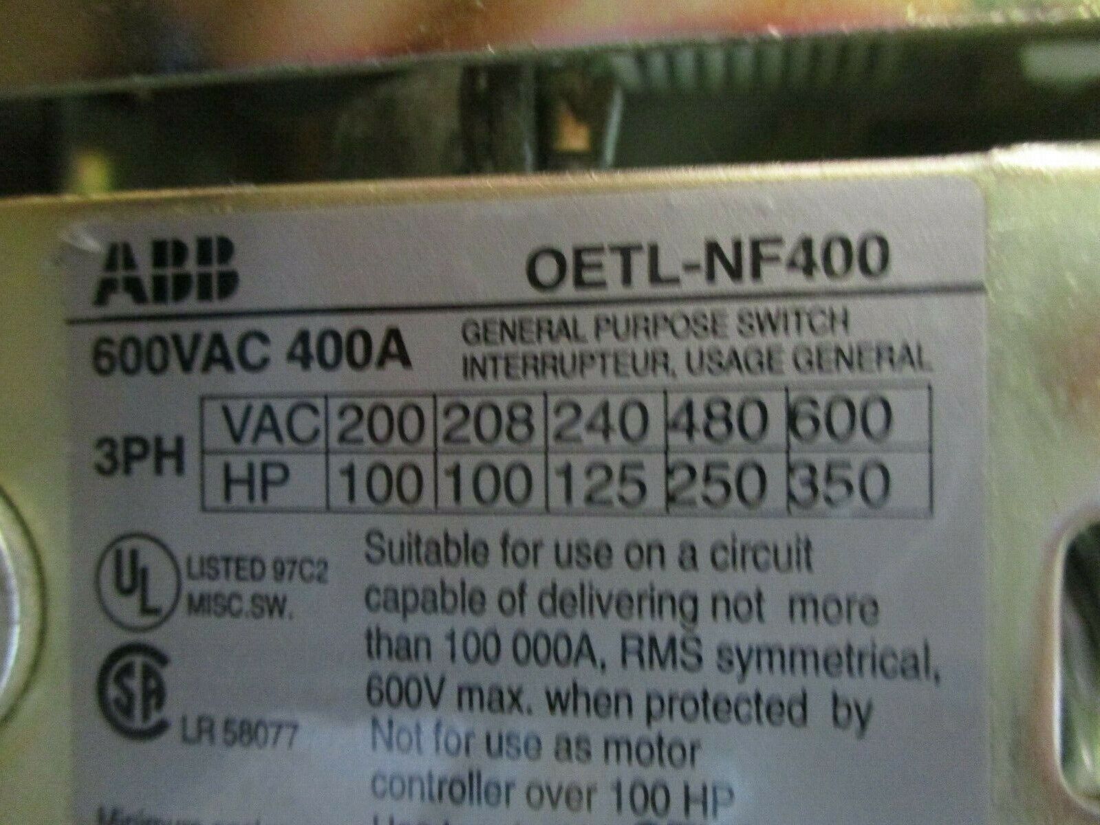 ABB Disconnect Switch OETL-NF400 400A 600V 3Ph *No Handle & Cracked Plastic*
