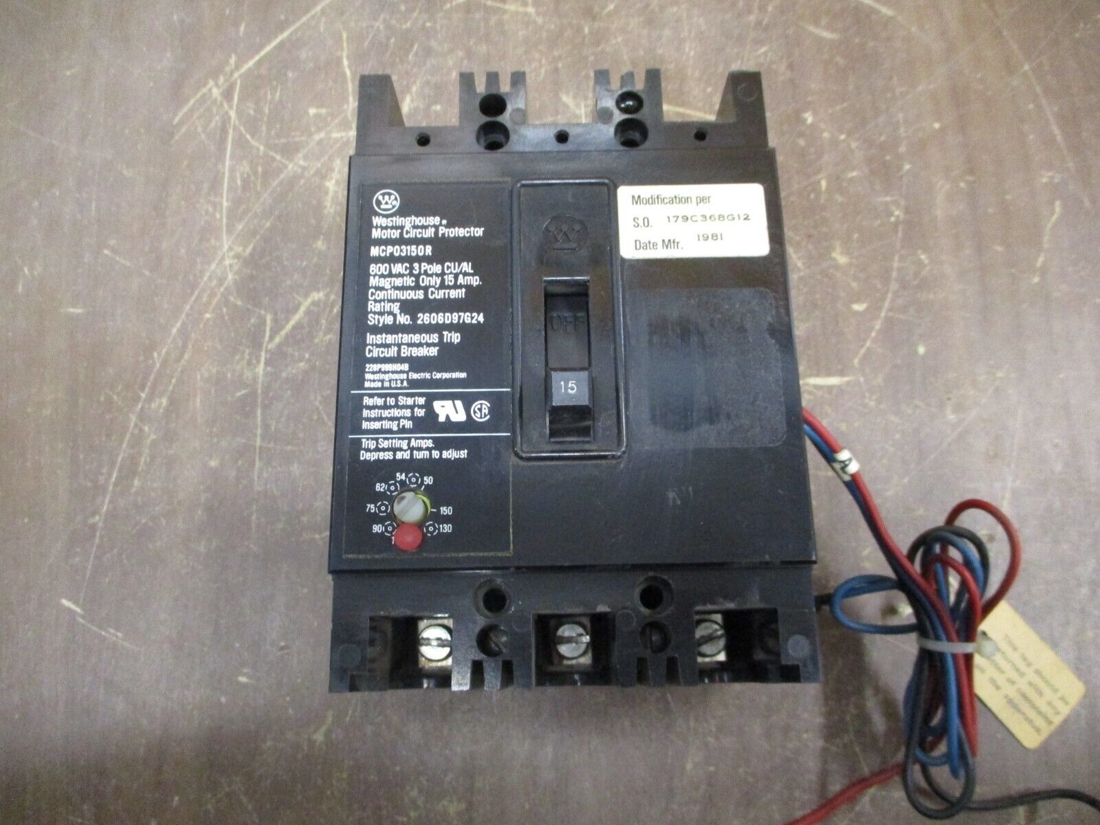 Westinghouse Motor Protector Circuit Breaker MCP03150R 15A 600V Trip: 50-150A 3P