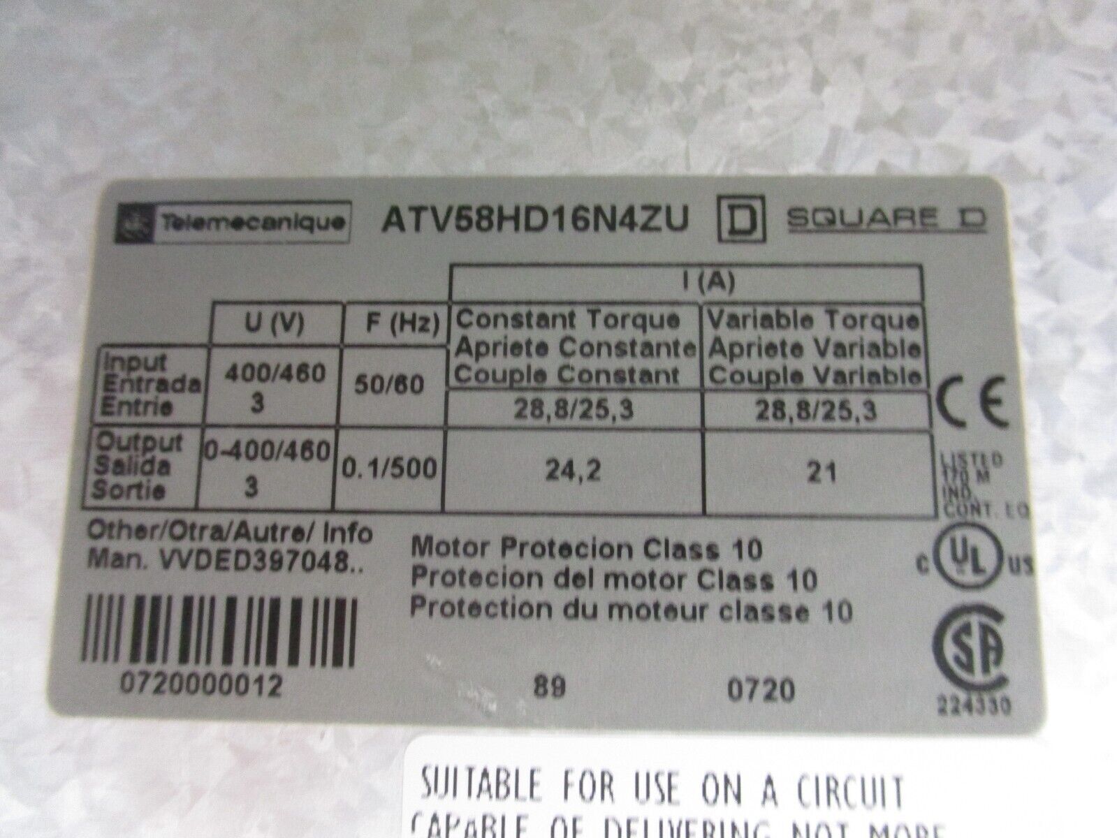 Square D Altivar 58 AC Drive ATV58HD16N4ZU 15HP *No Keypad* Used