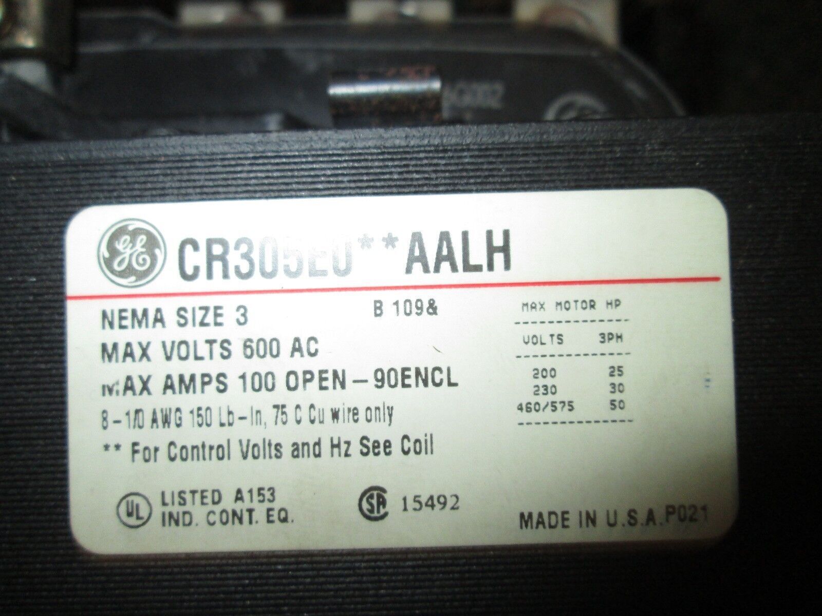 GE Contact CR305E0**AALH 115-120V Coil nema size 3 600V Used