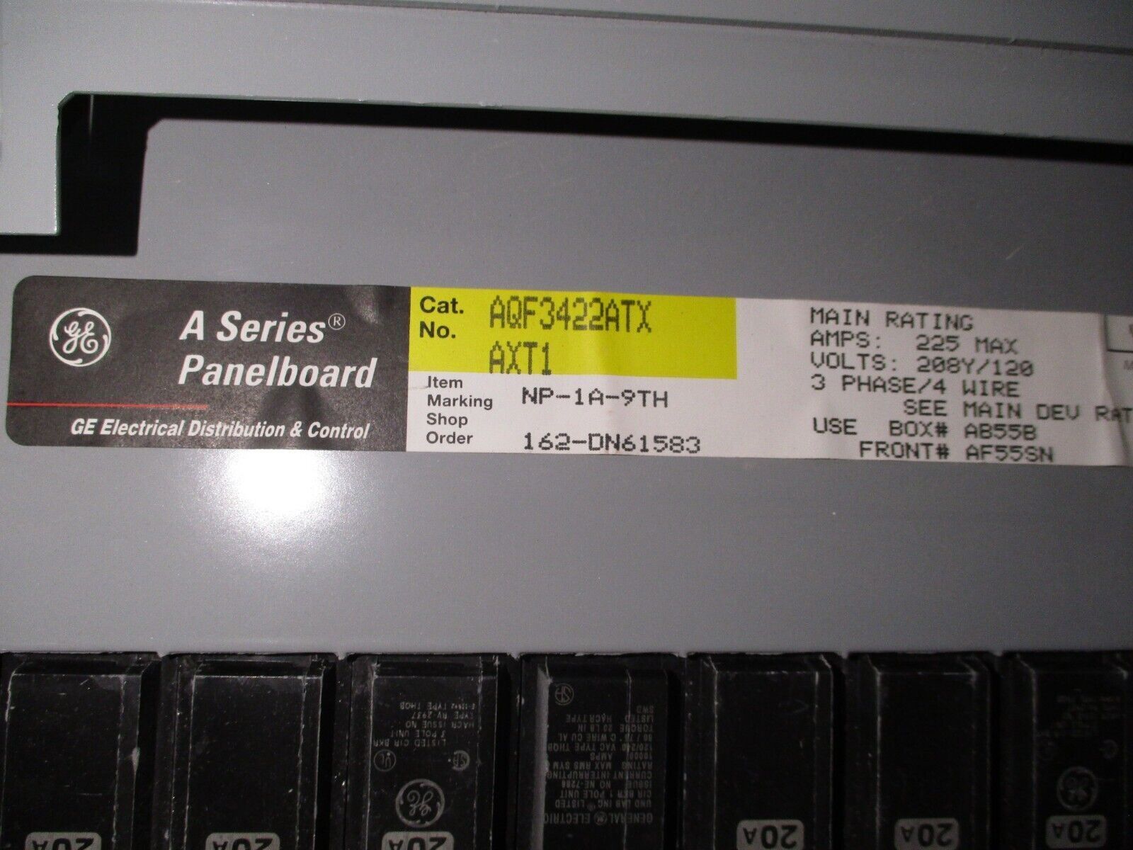 GE Main Breaker Circuit Breaker Panel AQF3422ATX 225A Max, 125A Main 208Y/120V