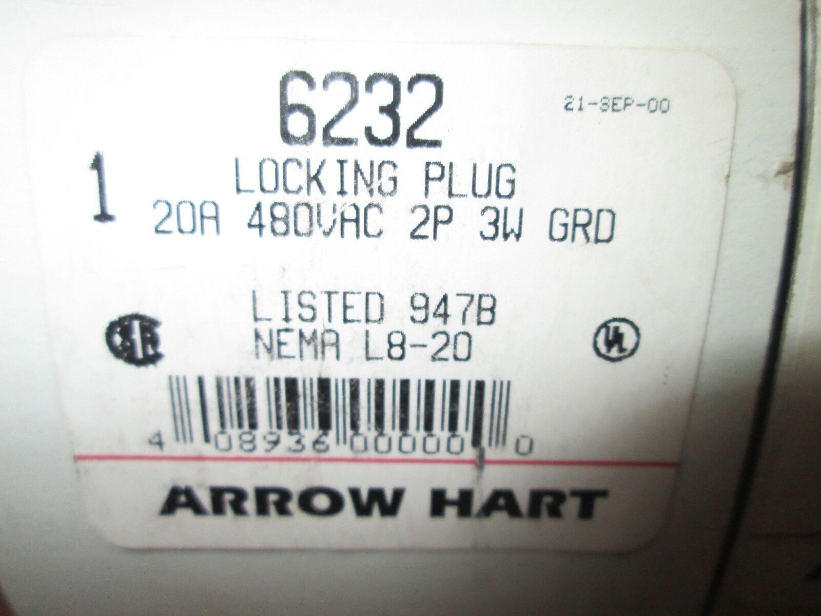 Arrow Hart Locking Plug 6232 20A 480VAC 2P 3W Nema L8-20 **Lot of 2**