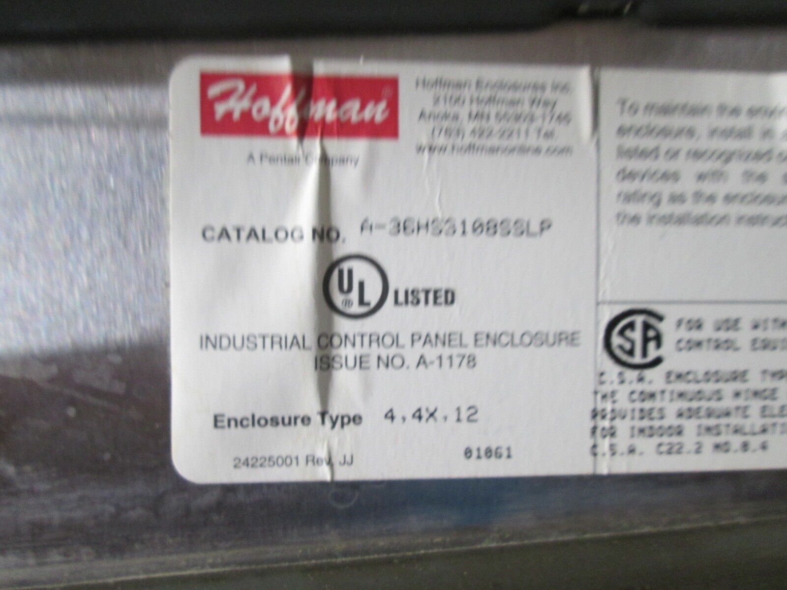 Hoffman Stainless Steel 4X Enclosure A-36HS3108SSLP Size: 36x31x8" w/ Pedestal