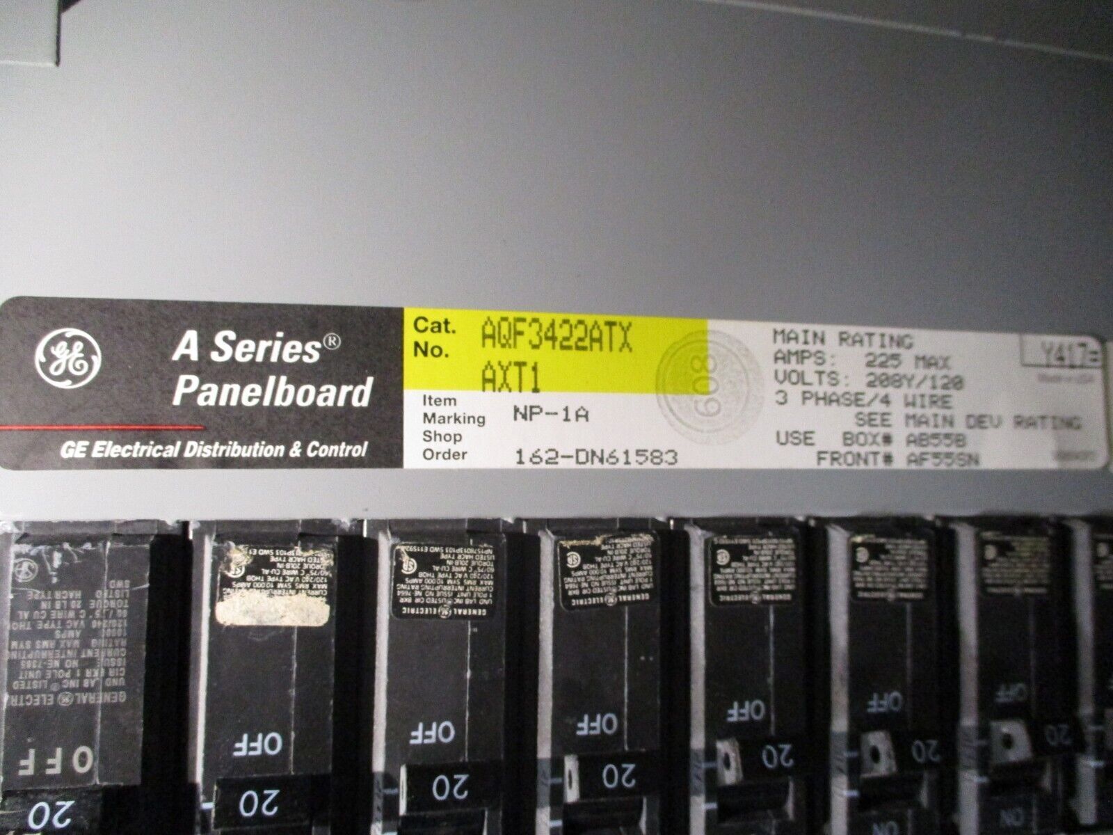 GE Main Breaker Circuit Breaker Panel AQF3422ATX 225A Max, 125A Main 208Y/120V