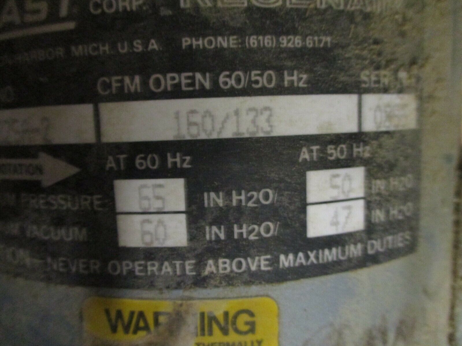 Gast Regenaire Regenerative Blower R5325A-2 160CFM 1.85HP 1850RPM Used