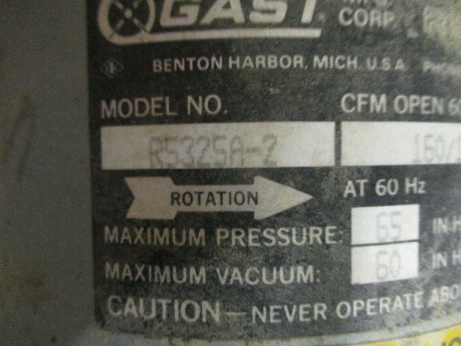 Gast Regenaire Regenerative Blower R5325A-2 160CFM 1.85HP 1850RPM Used