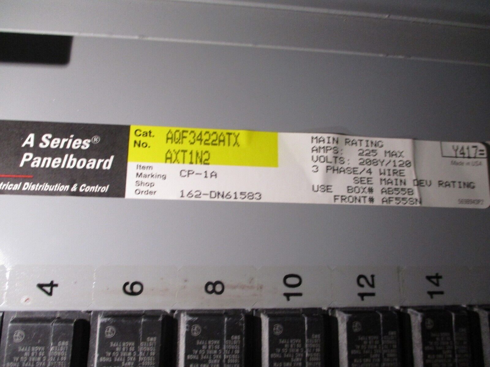 GE Main Breaker Circuit Breaker Panel AQF3422ATX 225A Max, 125A Main 208Y/120V