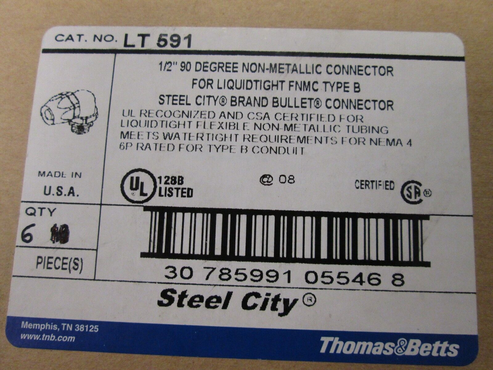 Thomas & Betts 1/2" 90 Degree Liquid-tight Connector LT591 *Lot of 6* New