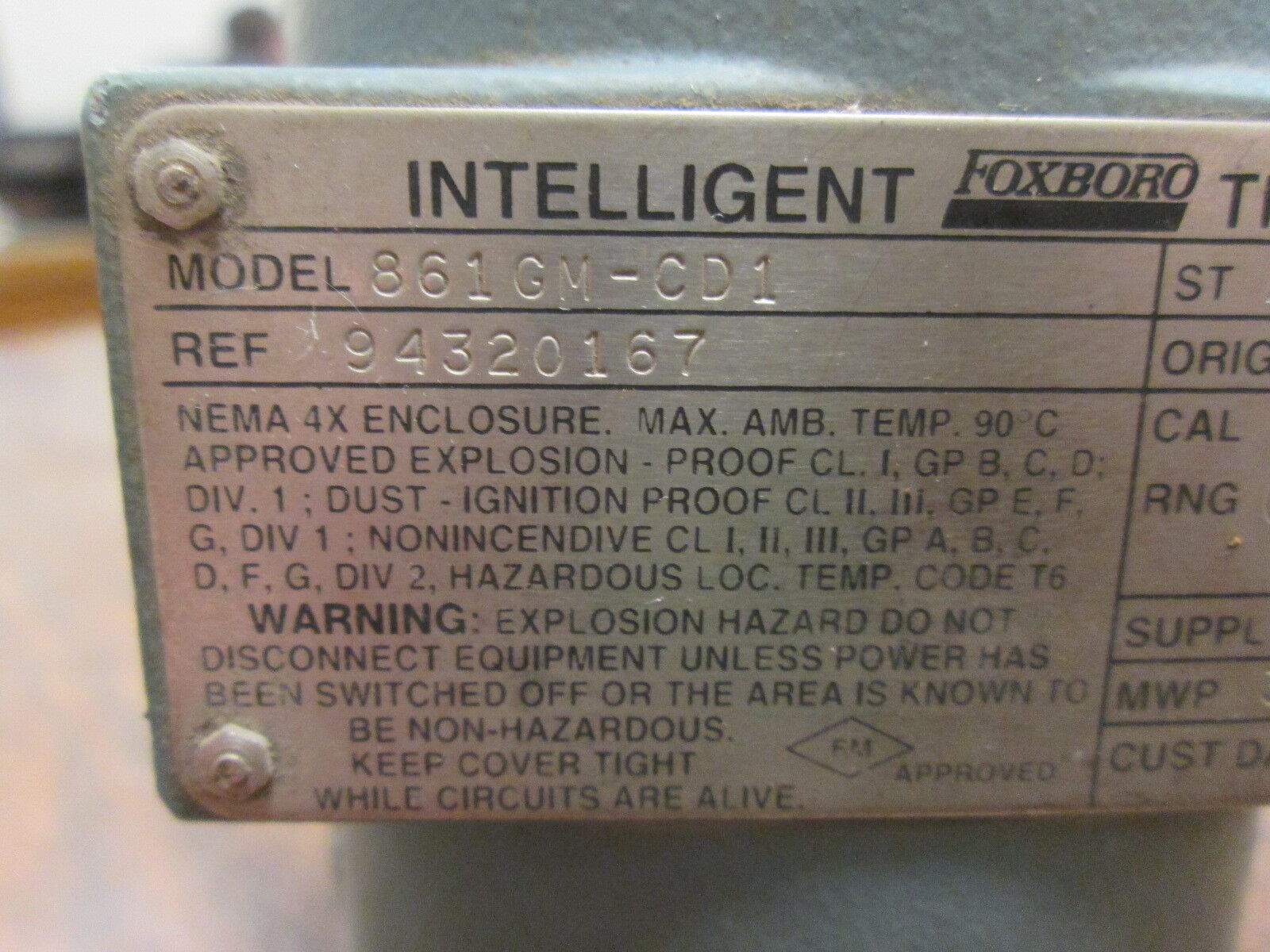 Foxboro Intelligent Transmitter 861GM-CD1 300PSIG Supply: 12.5-42VDC Used