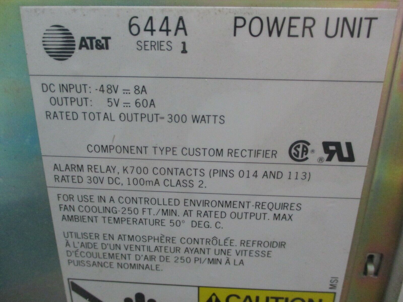 AT&T Power Unit 644A Ser. 1 300W Input: 48VDC, 8A Output: 5VDC, 60A Used