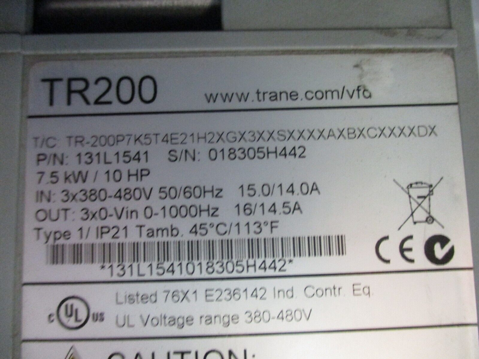 Trane TR200 AC Drive w/ Disconnect 131L1541 10HP 3Ph w/ Keypad Used
