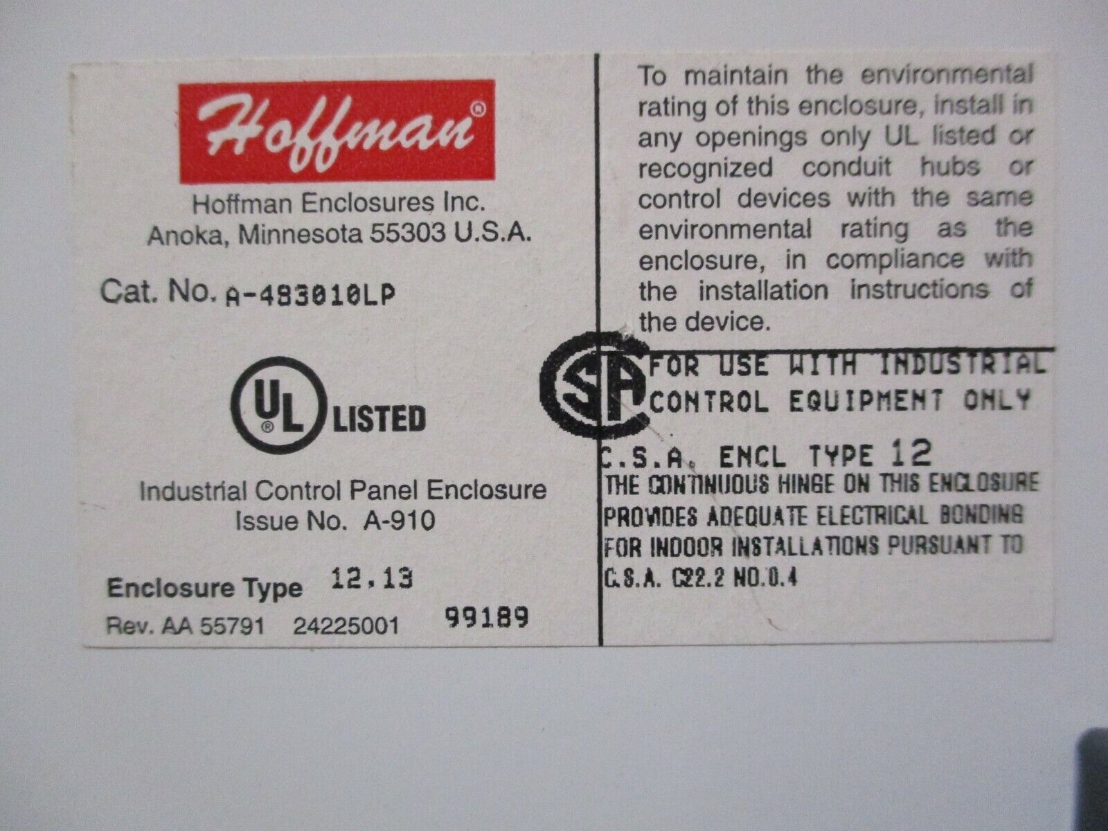 Hoffman Type 12, 13 Enclosure A-483010LP Size: 48x30x10" Used
