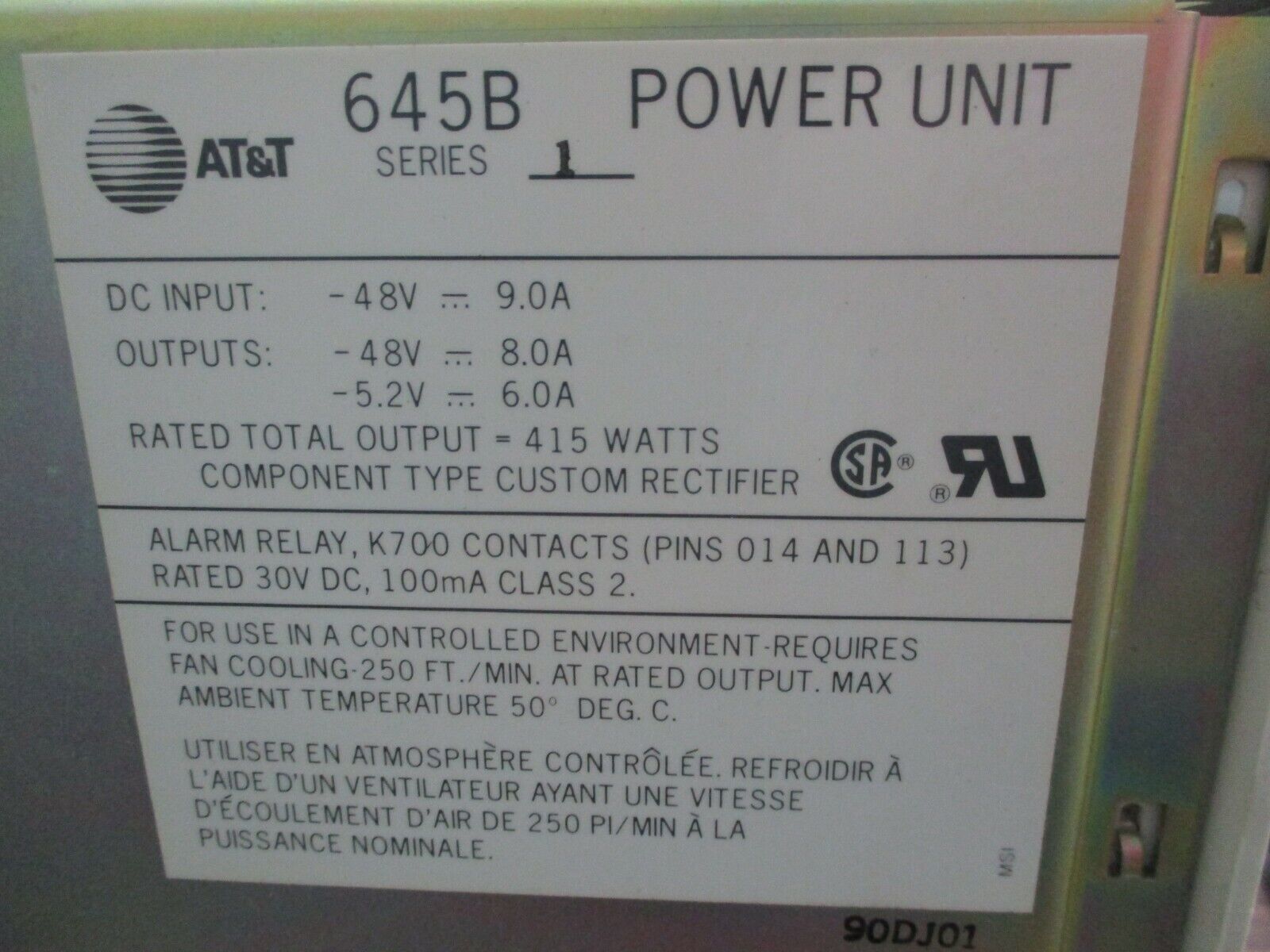 AT&T Power Unit 645B Ser. 1 415W Input: 48VDC, 9A Output: 48VDC@8A, 5.2VDC@6A