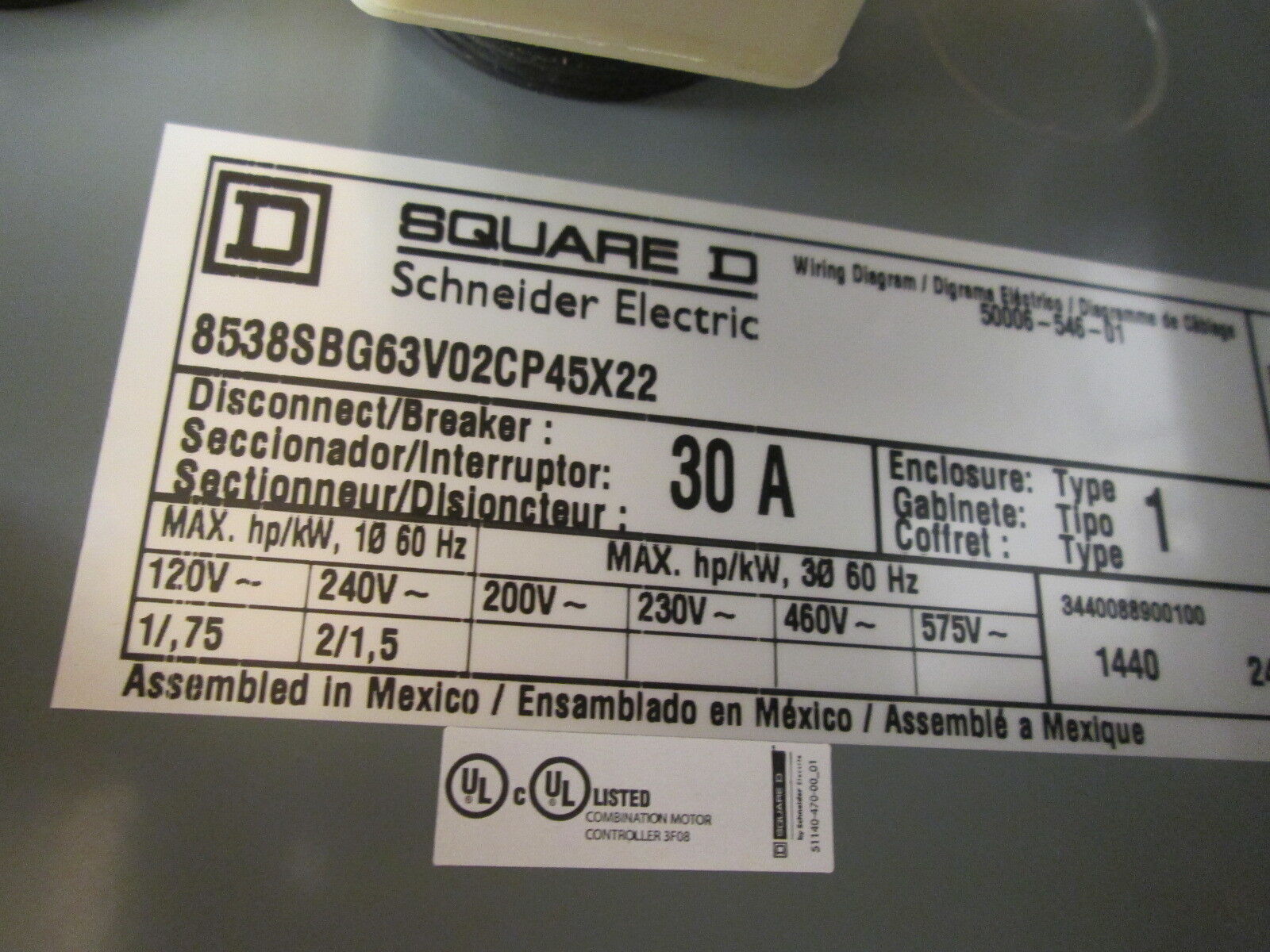 Square D Size 0 Combination 8538SBG63V02CP45X22 120V Coil Fusible 1Ph 120/240V