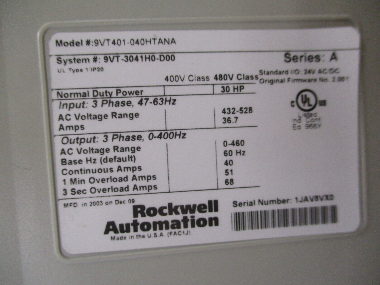 Rockwell Automation VTAC 9 AC Drive 9VT401-040HTANA 30HP 3Ph w/ Keypad Used
