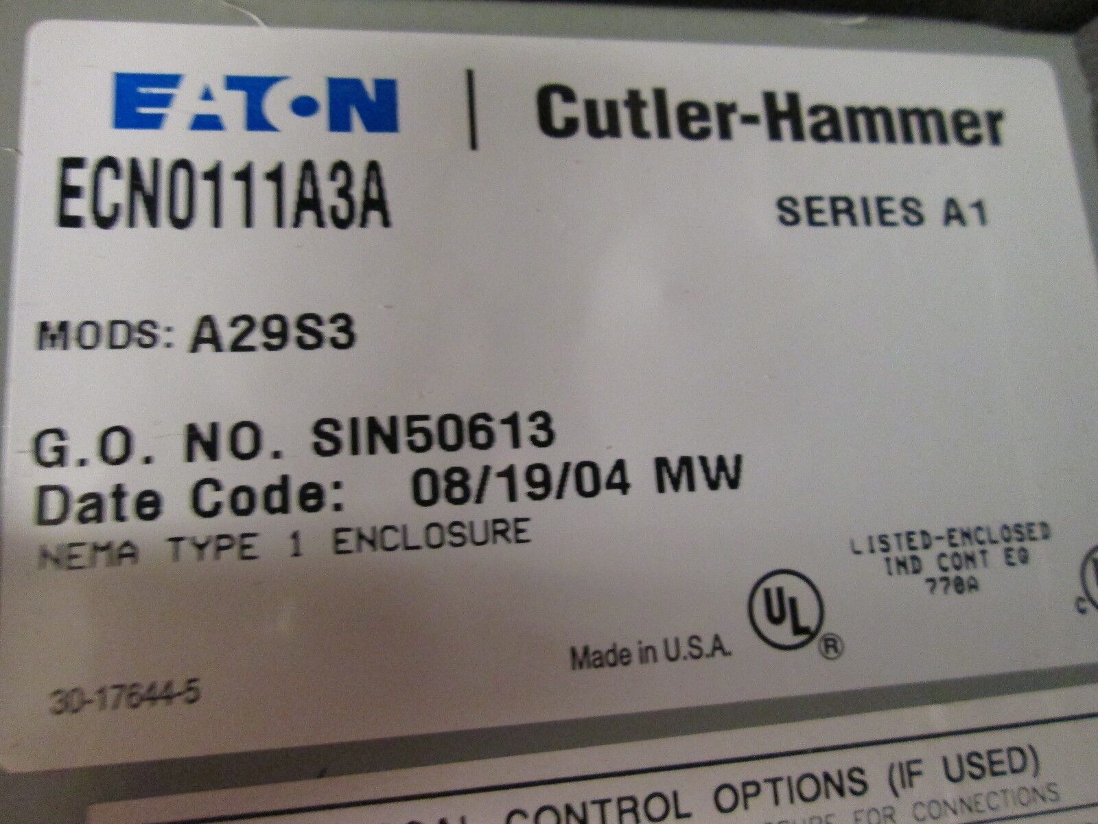 Cutler-Hammer Starter ECNO111A3A Size 1 Nema 1 Enclosure New Surplus