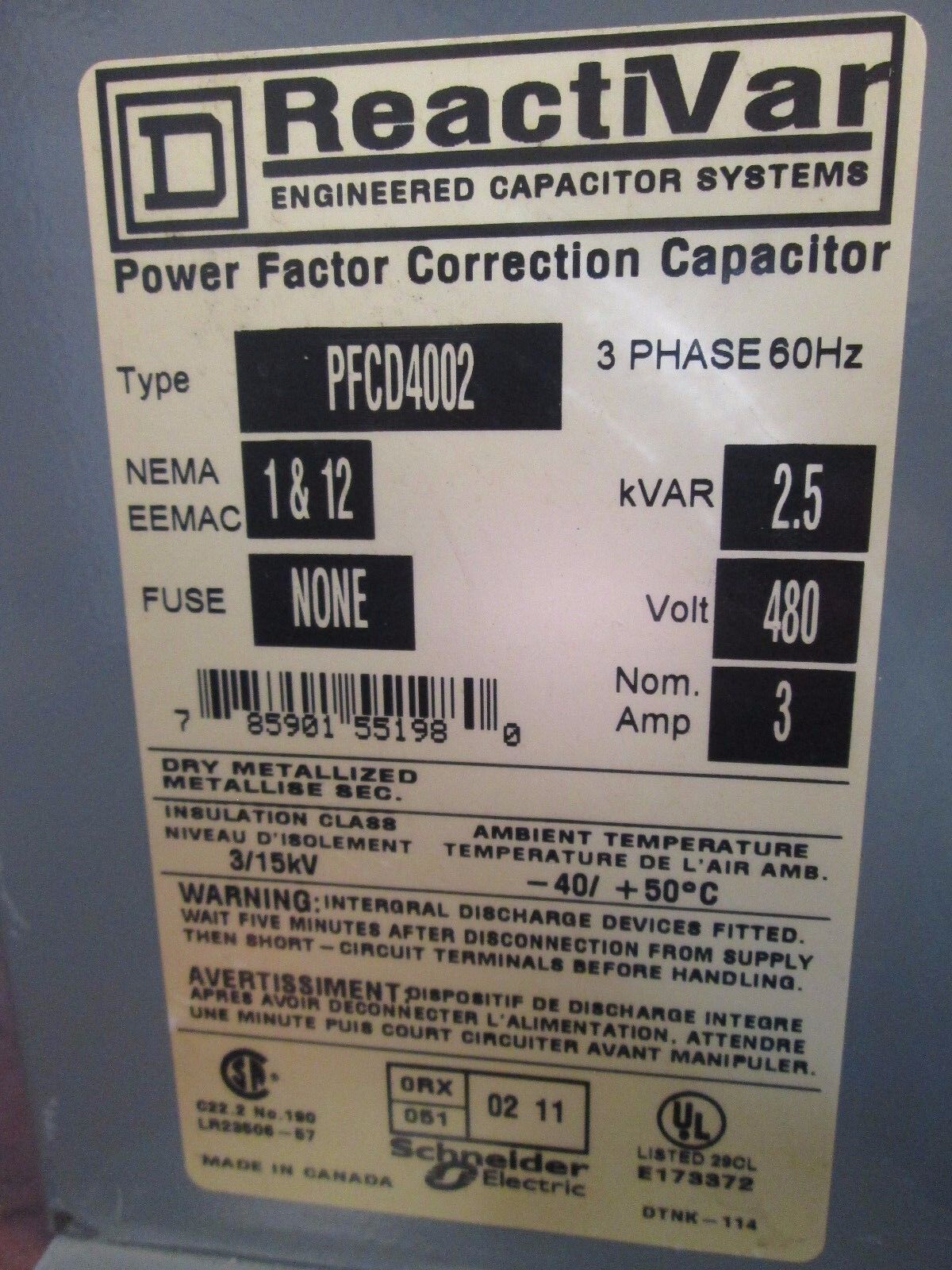 Square D Reactivar Power Factor Correction Capacitor PFCD4002 2.5 KVAR 480V Used