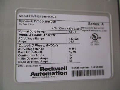 Rockwell Automation VTAC 9 AC Drive 9VT401-040HTANA 30HP 3Ph w/ Keypad Used