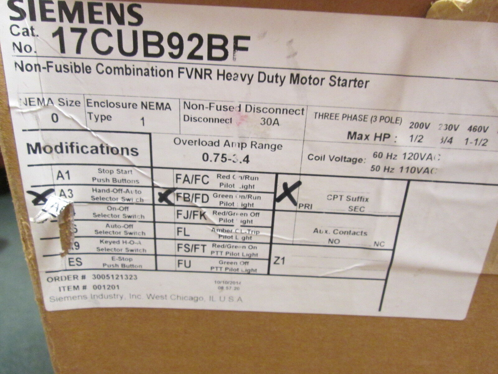 Siemens Non-Fusible Size 0 Combination 17CUB92BF 120V Coil Trip: 0.75-3.4