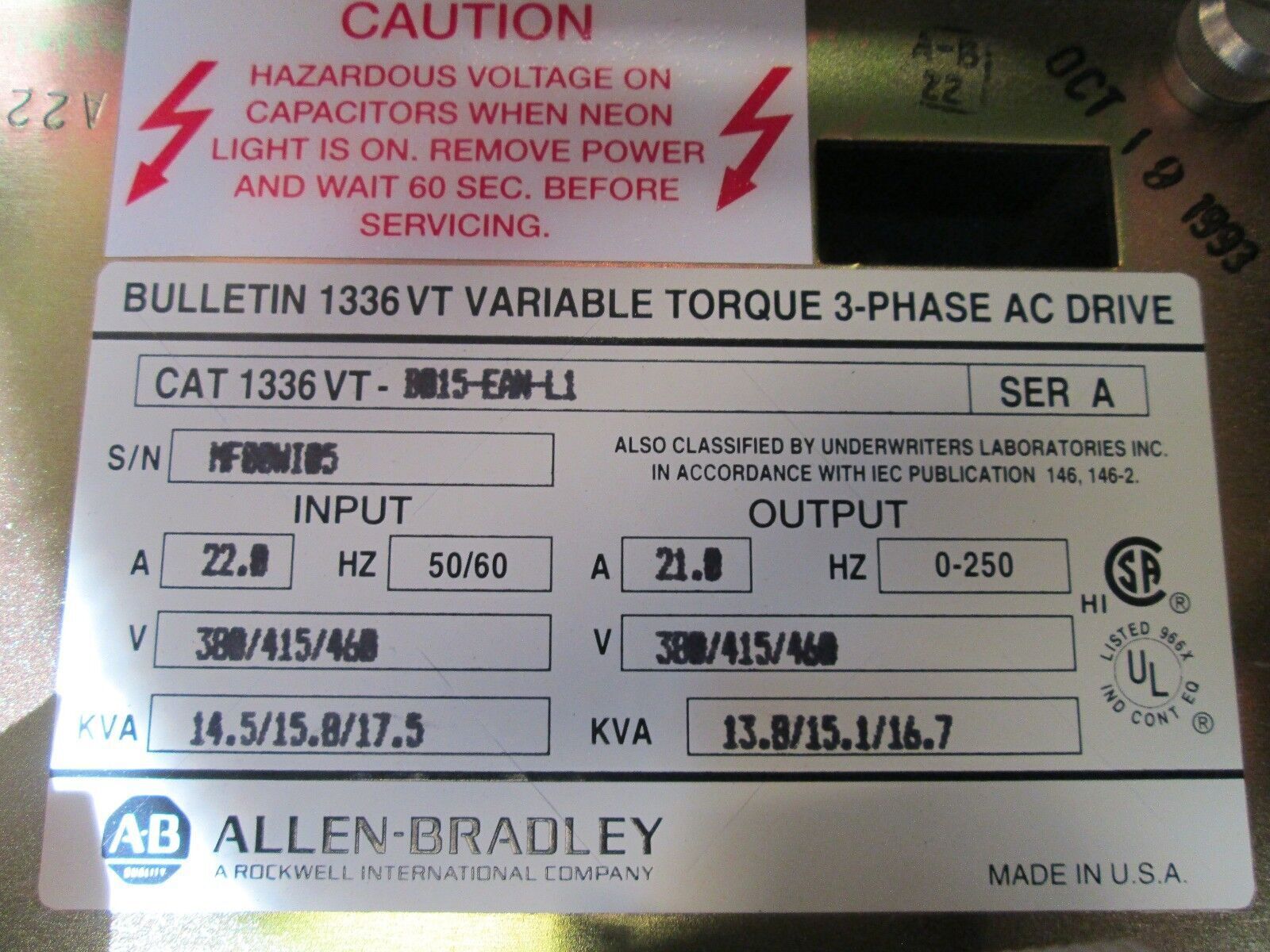 Allen-Bradley 1336VT AC Drive 1336VT-B015-EAN-L1 15HP Out: 21A 380/415/460V Used